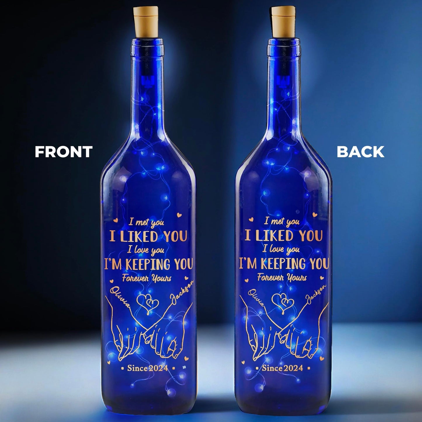 Joy Crafters I Met You I Liked You I Love You - Couple Personalized Blue Bottle Lamp, Custom Wine Bottle Lights, Anniversary Wedding Gifts for Couples 2025, Birthday Gifts for Women Wife Girlfriend