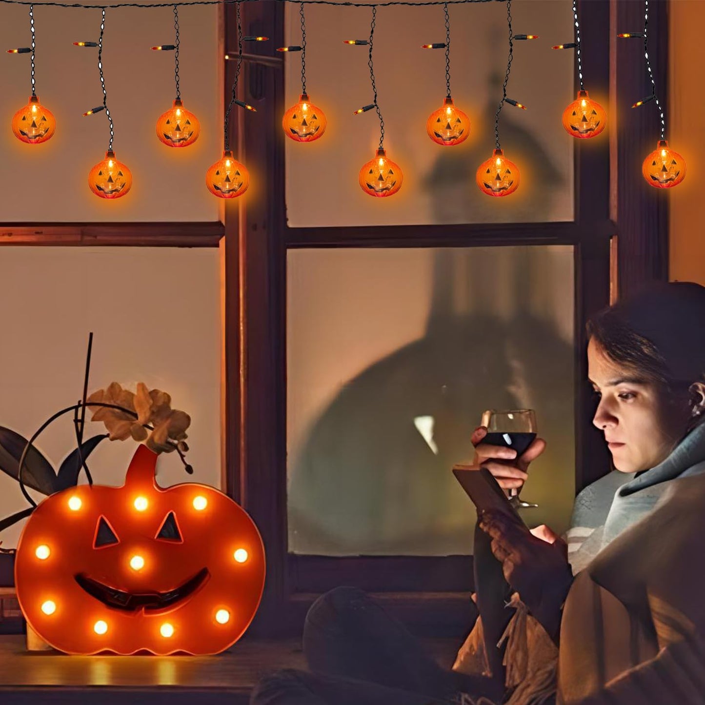Halloween Pumpkin String Lights, Indoor Curtain With 10 Jack-O'-Lanterns and 25 Mini LED Bulbs, Plug-in for Outdoor Party Bedroom Window