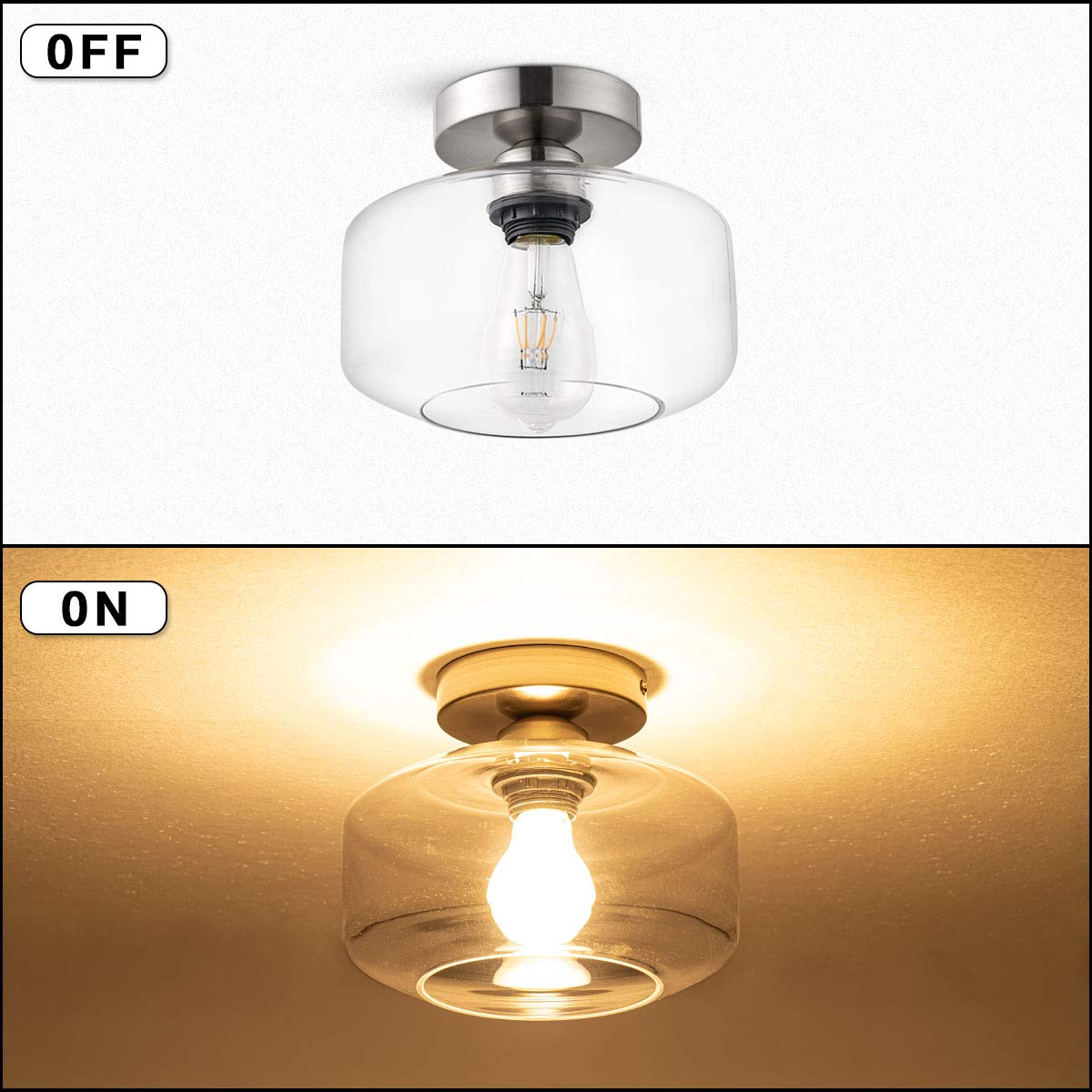 TeHenoo Semi Flush Mount Ceiling Light,Clear Glass Shade, E26 Socket,Brushed Nickel Ceiling Light Fixtures for Hallway,Entryway,Porch