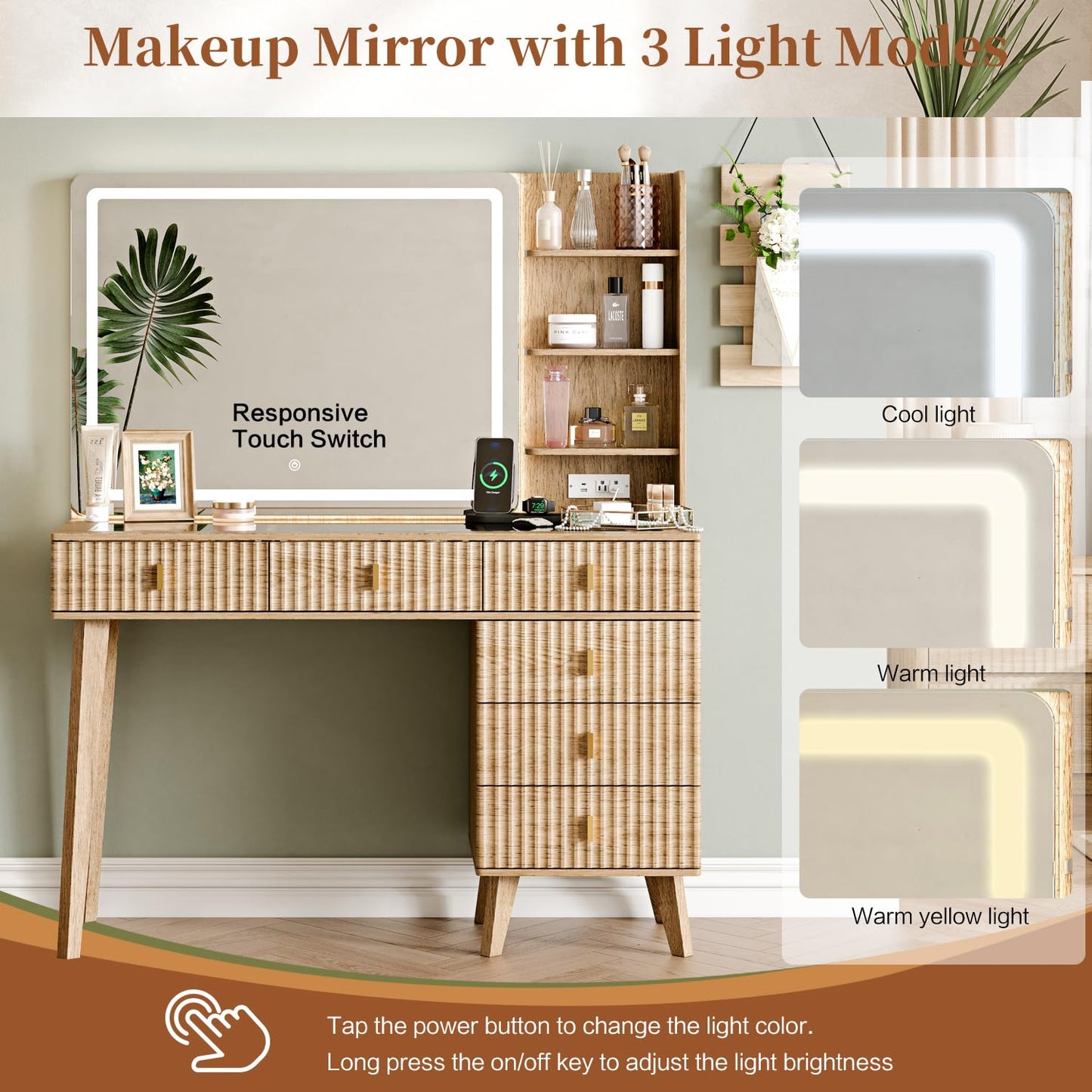 Ieejdn Large Makeup Vanity Desk with Mirror and Lights, Vanity Desk with 6 Drawers & Storage Shelves, Vanity Table with Power Outlet, 3 Color Modes & Adjustable Brightness Dressing Table, Bedroom,Oak