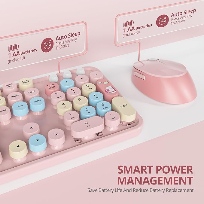 Owpkeenthy Pink Keyboard and Mouse Wireless, Cute Colorful Typewriter Keyboard Full-Sized with Number Pad Round Keycaps for Desktop, Laptop and Computer(Coloful Pink)