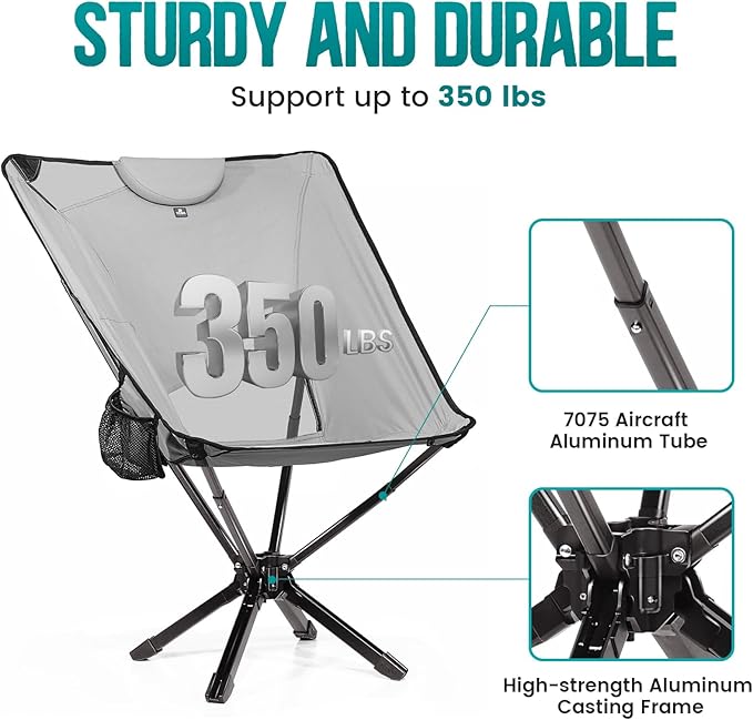 TCEK Portable High Back Camping Chair with Adjustable Height, Small Compact Outdoor Folding Chair for Adults Travel, Riselite Collapsible Lightweight Packable Camp Chairs, Easy Carry and Quick Setup