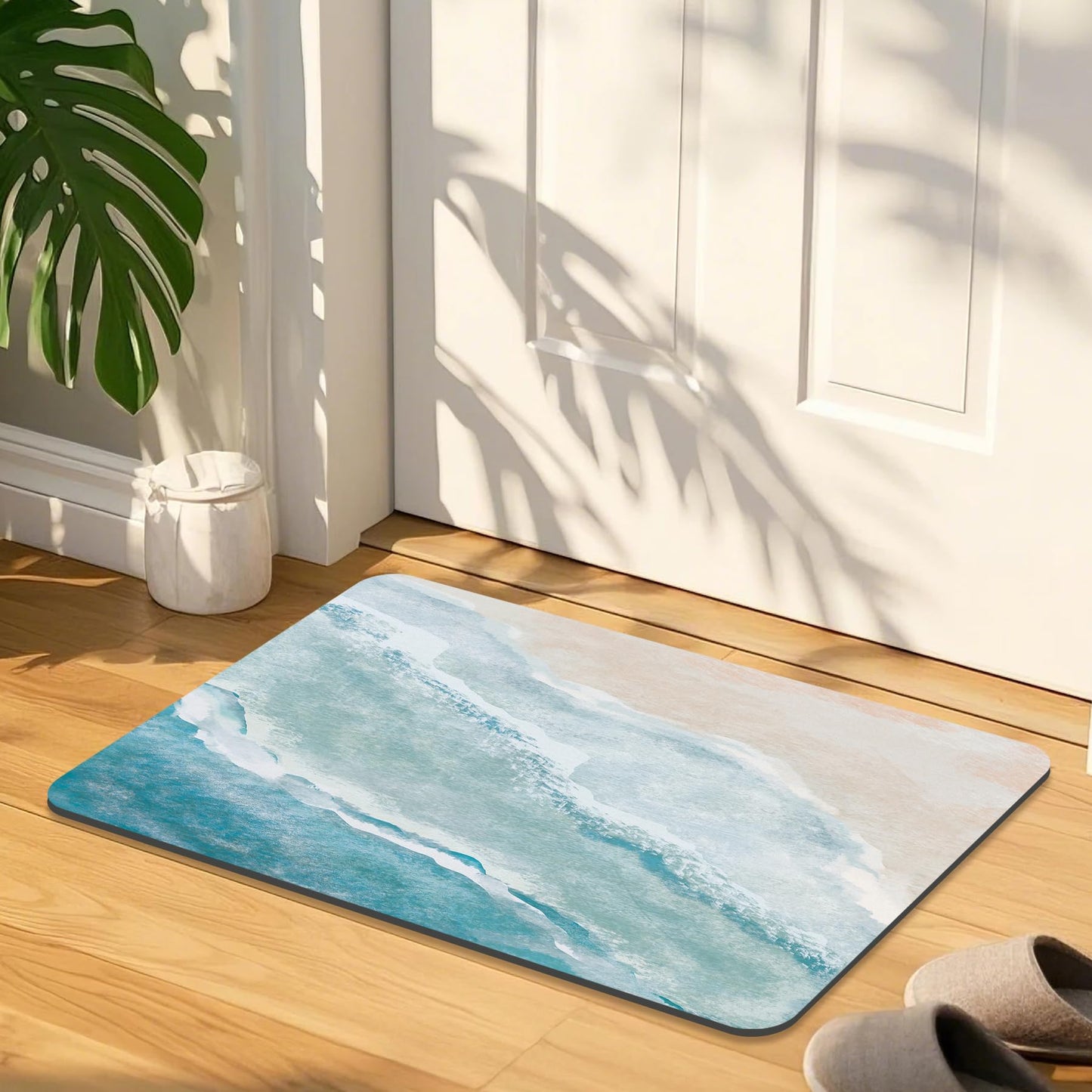 Coastal Beach Bathroom Mat Quick-Drying Non-Slip Rubber Bath Mats Super Absorbent Sand Wave Blue Teal Bath Mat Instant Dry Bathroom Rug in Front of The Kitchen Sink, Shower Room, Bathtub,16"x24"