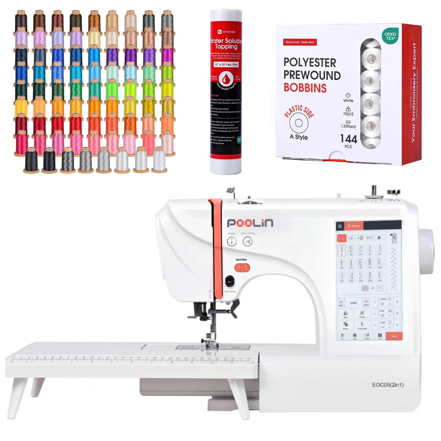Poolin EOC05 2-in-1 Sewing & Embroidery Machine Pro Bundle with 80-Color Thread, 144 Pre Wound Bobbins and Water-Soluble Topping