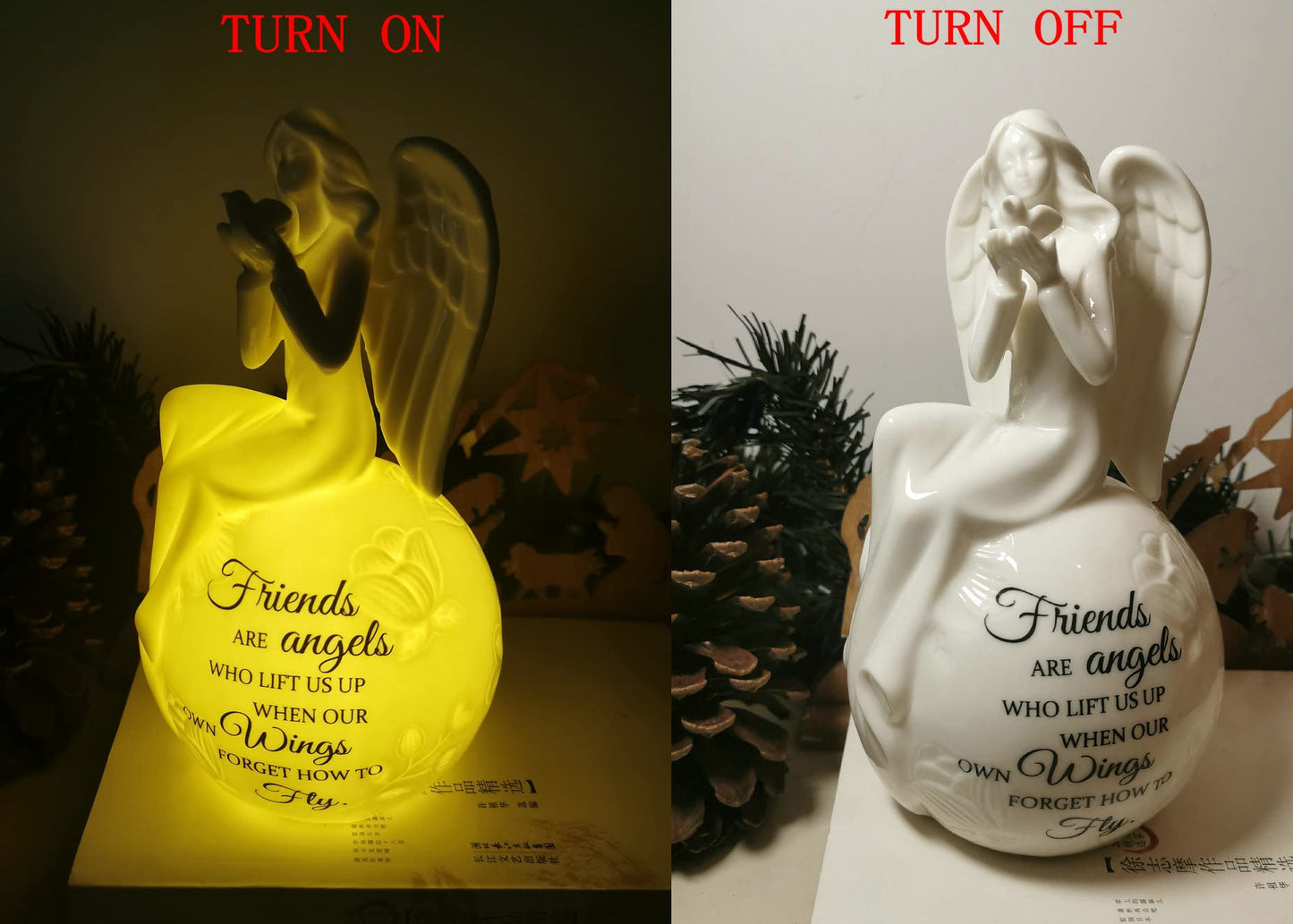 Friendship Angel Figurine Night Light – Ceramic LED Guardian Angel with Heartfelt Quote – Friends are Angels Gift for Birthday, Encouragement, Sympathy, or Christian Home Décor