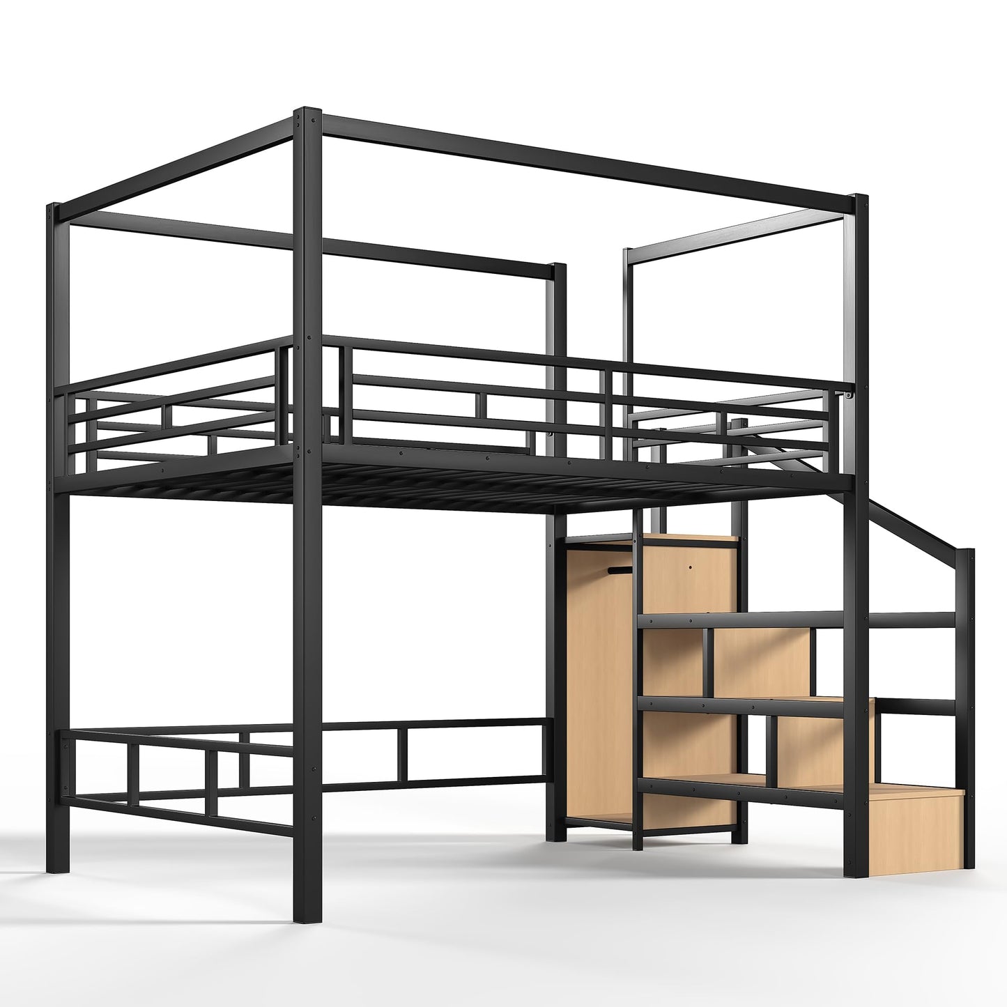Bellemave Queen Size Loft Bed Frame with Storage Stairs and Wardrobe, Queen Size Game Loft Bed with Canopy Frame, Heavy Duty Loft Bed for Adults Teens Black
