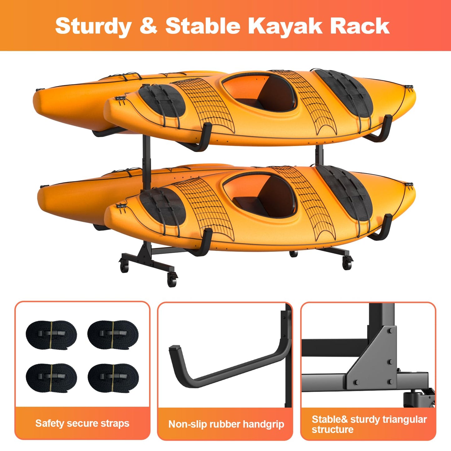 Kayak Storage Rack, Heavy Duty Steel Hanger for 4 Kayaks Stand, Canoe, SUP & Surfboard with Adjustable Width, Movable Wheels, Secure Straps, and Padded Arms for Indoor/Outdoor/Garage Storage