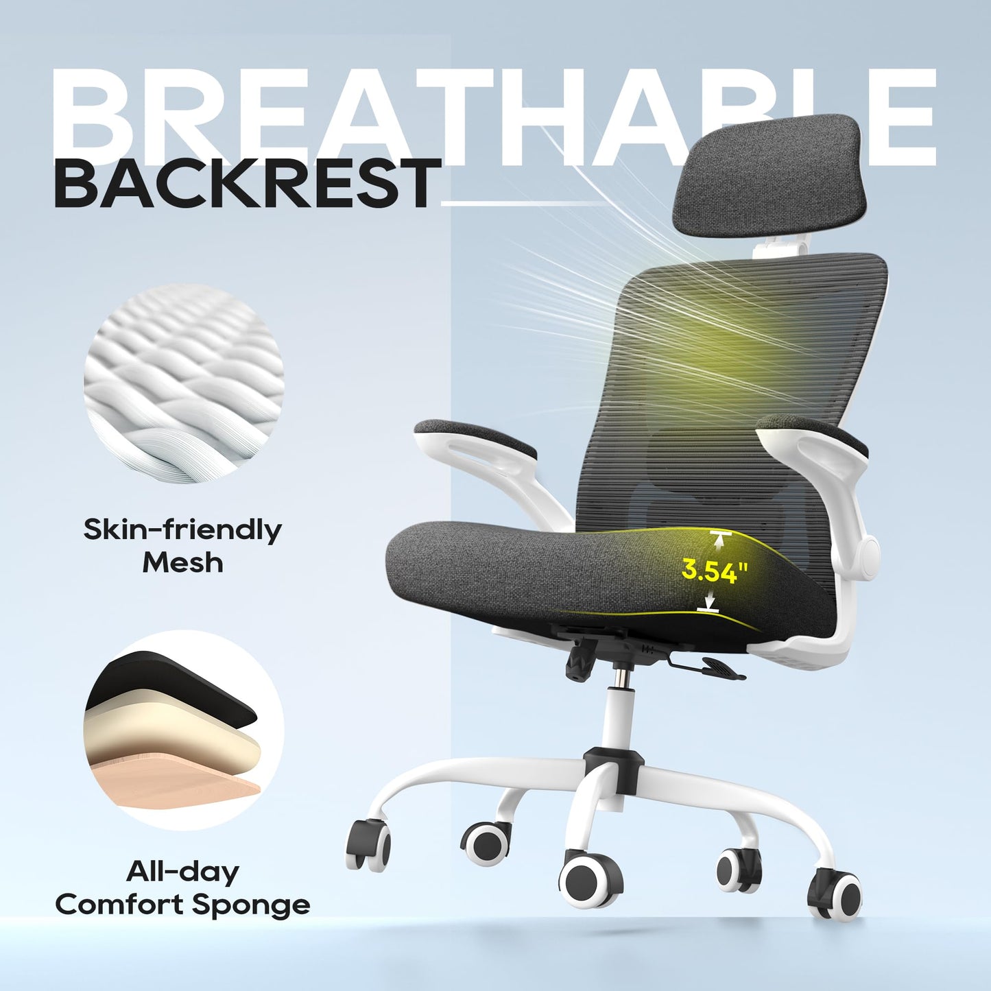 Zeonsit Ergonomic Office Chair, High Back Mesh Desk Chair with Adjustable Lumbar Support & Headrest, Flip-up Armrest, Computer Task Chairs for Home and Executive Office (W-Black)