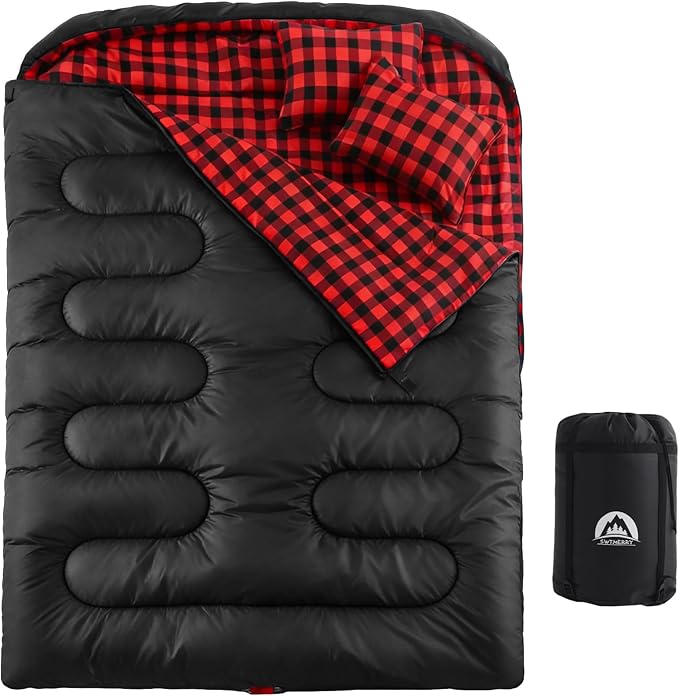 Swtmerry Double Sleeping Bag for Adults with 2 Pillows, Big & Tall Queen Size XL Sleeping Bag for 2 Person, Waterproof & L...