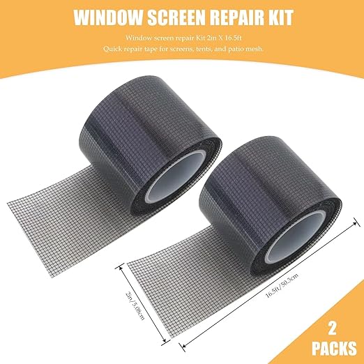 Heavy-Duty 2" x16.5' Screen Repair Tape 2-Pack, Black Fiberglass Mesh for Invisible Mends on Window & Door Screens