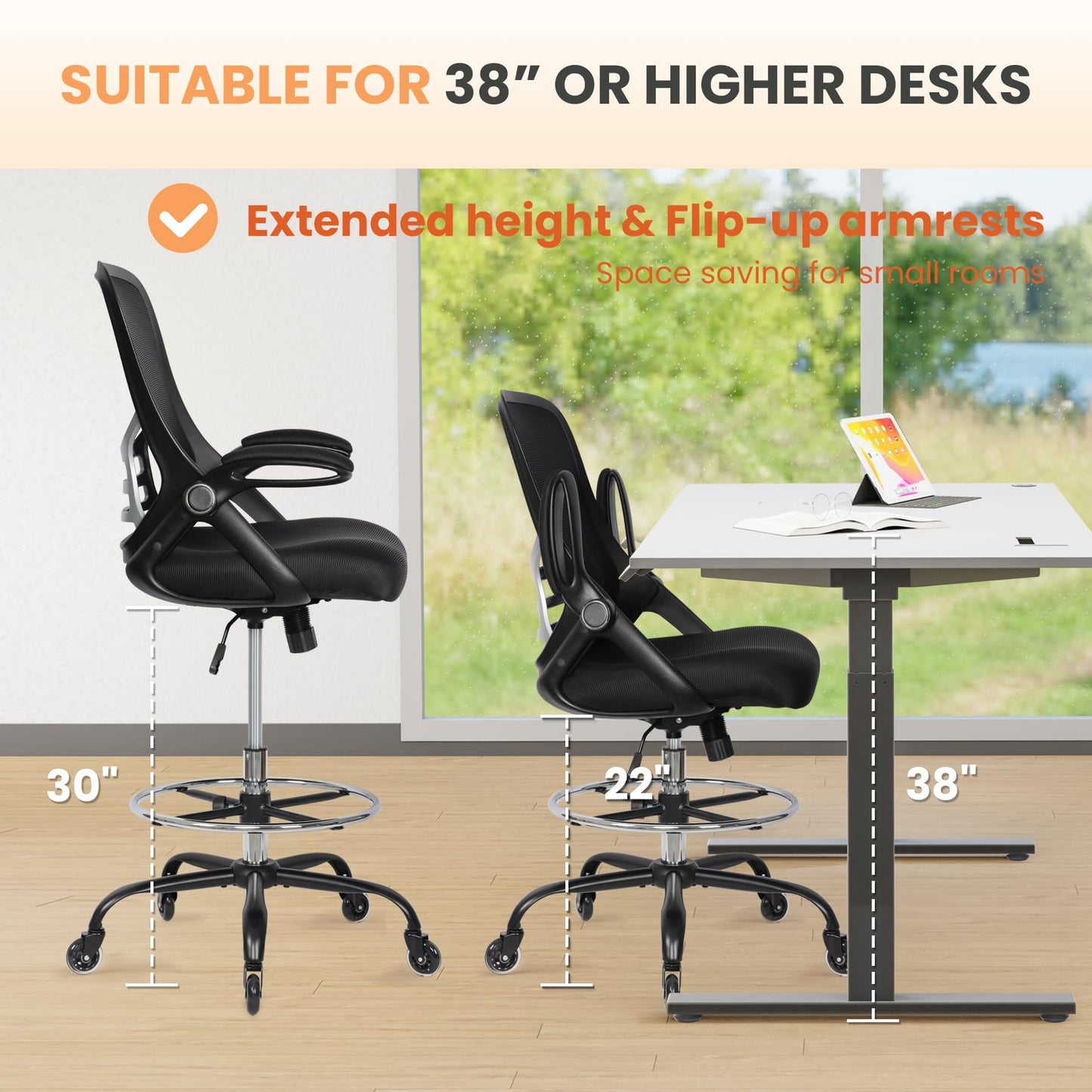 HYLONE Drafting Chair Adjustable, Tall Office Chair Lumbar Support Ergonomic Standing Desk Chair Heavy Duty Tall Drafting Stool for Artists with Footrest Home Office Drafting Stool