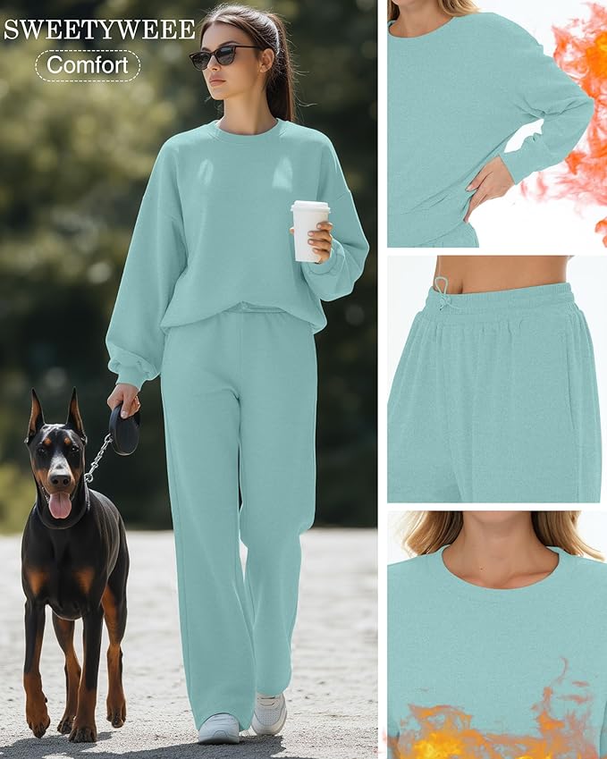 Sweetyweee Women's 2 Piece Outfits Set Fleece Lined Lounge Sweatsuit Crewneck Pullover Top Wide Leg Pants Casual Tracksuit