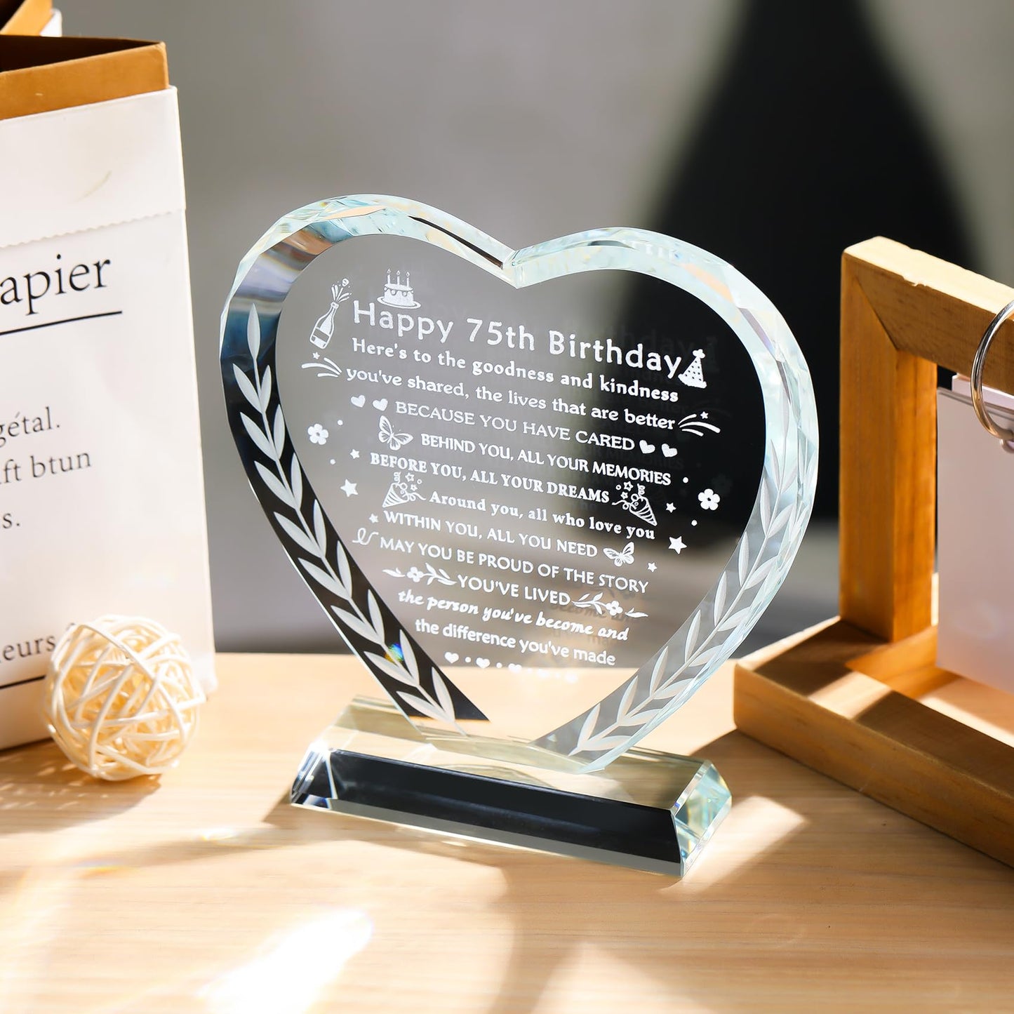YWHL 75th Birthday Gifts for Women Men, Laser Engraving Crystal Heart Happy 75th Birthday Plaque Decorations, Gifts for 75 Year Old Women Men Mom Dad Grandma Wife Friends