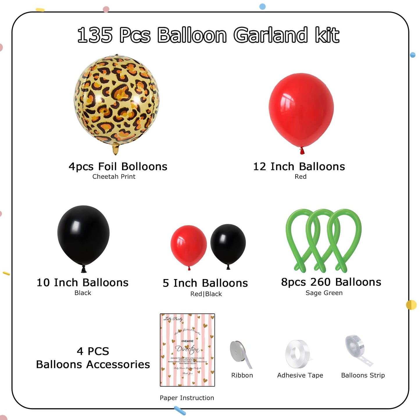 Onemere Red and Black Balloons Arch Kit 135pcs Cherry Birthday Decorations, 4pcs Foil Cheetah Print Balloons for Baby Shower, Bachelorette Party Decorations