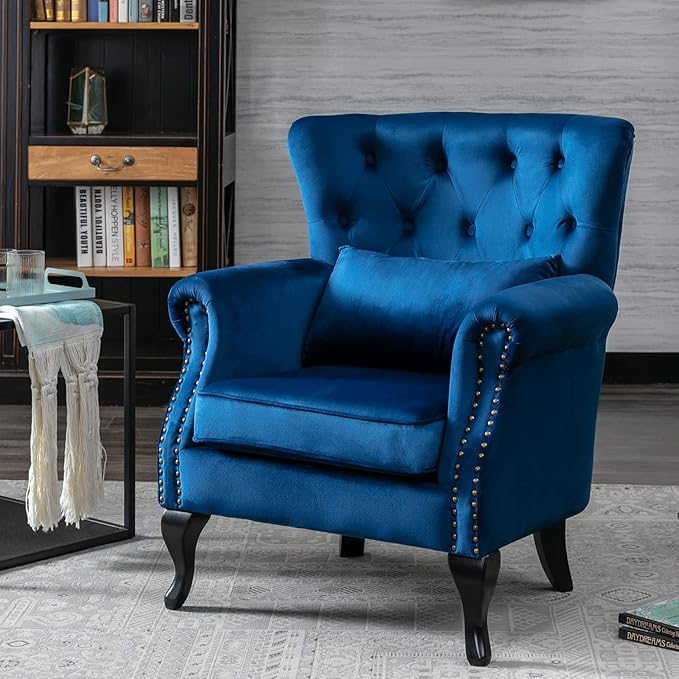 DM Furniture Mid-Century Accent Chair Modern Button Tufted Armchair Wingback Club Chair Velvet Single Sofa Lounge Chair with Pillow for Living Room Bedroom, Blue