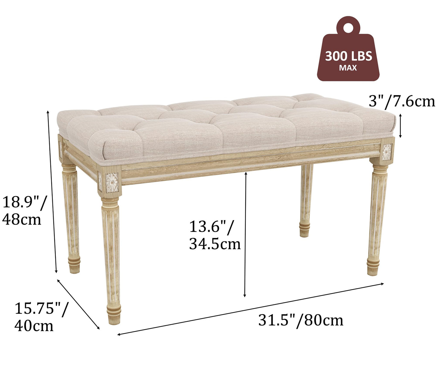 Yusong Upholstered Bench,Bedroom Bench for End of Bed,Piano Bench Dining Bench Entryway Shoe Bench with Button Tufted Padded Seat for Living Room, Vanity Bench Foot-Stool with Carved Wood Legs,Beige