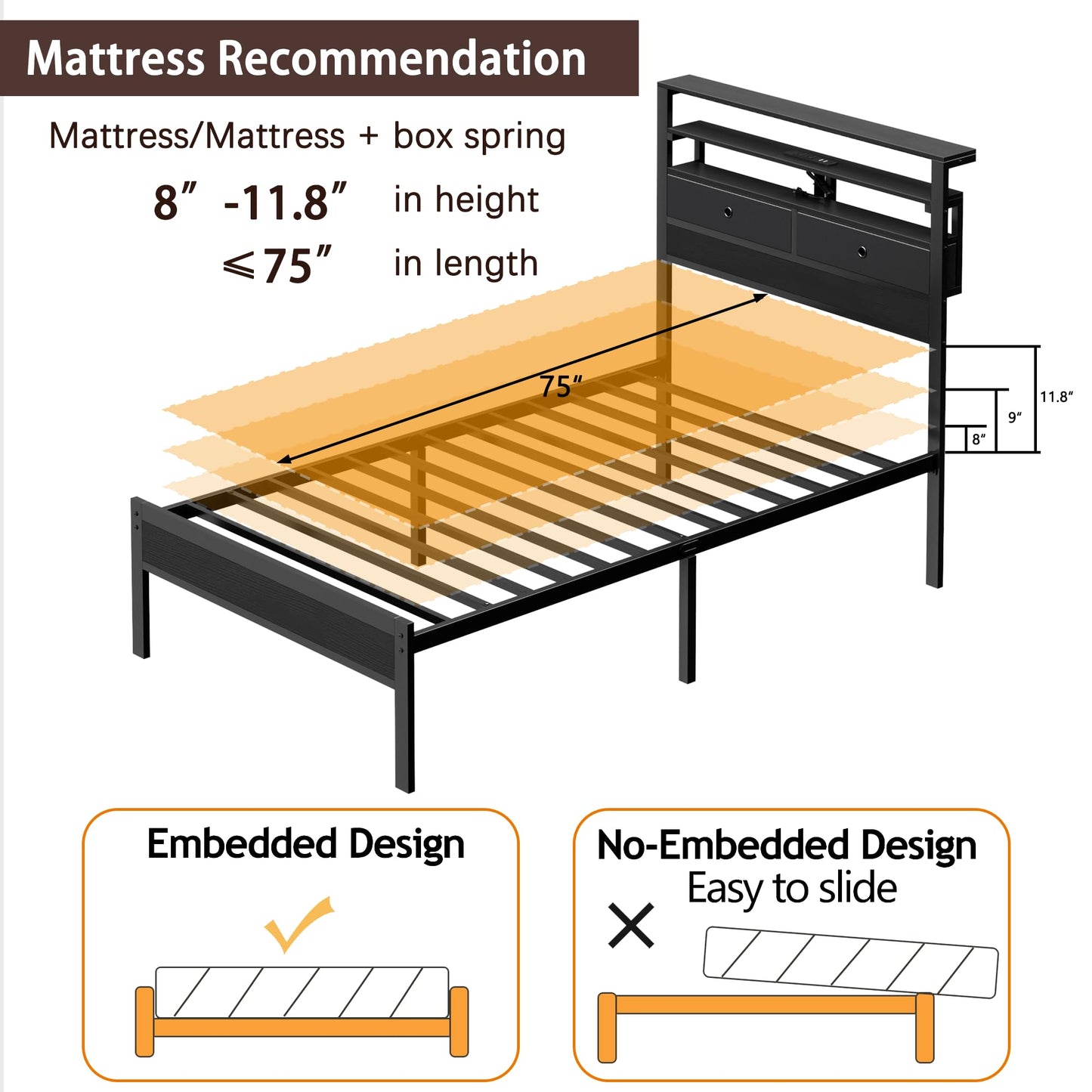 Furnulem Twin Bed Frames with Charging Station and LED Lights, Wood Headboard with 2 Fabric Drawers and Storage Shelves, Twin Size Platform Bed with Metal Slats, No Box Spring Needed, Black Oak