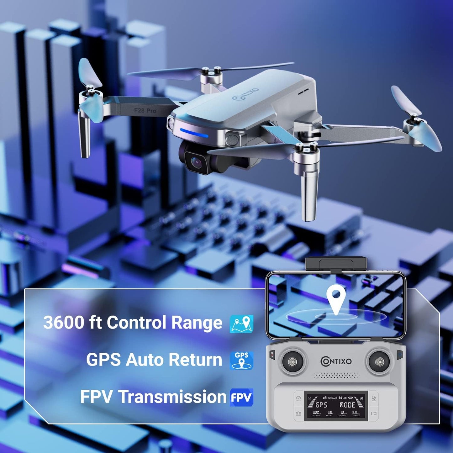 Contixo Mini GPS Drone With 4K Camera, 25 Mins Flight Brushless Motor, Way Point Orbit Mode, Follow Me RC Drones FPV Foldable Quadcopter For Beginner Adults Teenagers Kids