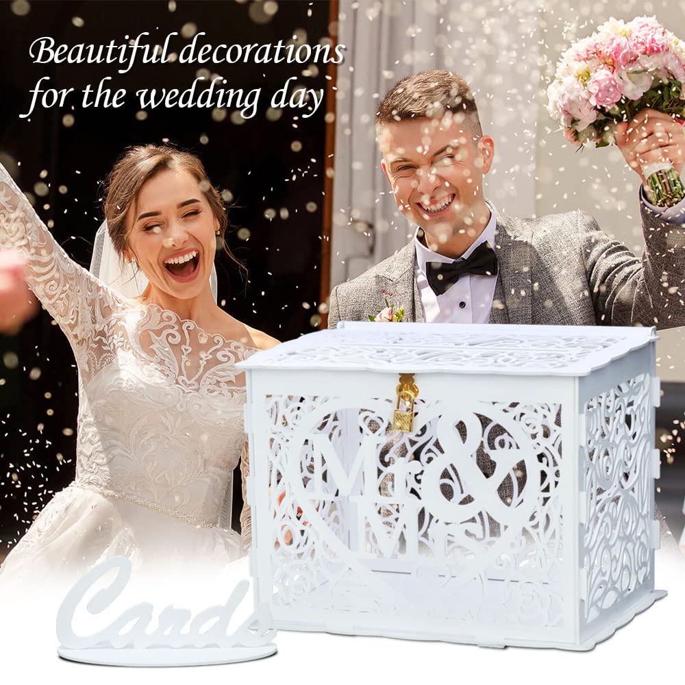 Jolik Wedding Money Box Holder with Sign, Large Rustic Wood Wooden DIY Envelop Gift Card Shadow Boxes with Lock Slot for Reception Anniversary Graduation Birthday Party Parties (Mr & Mrs, White)