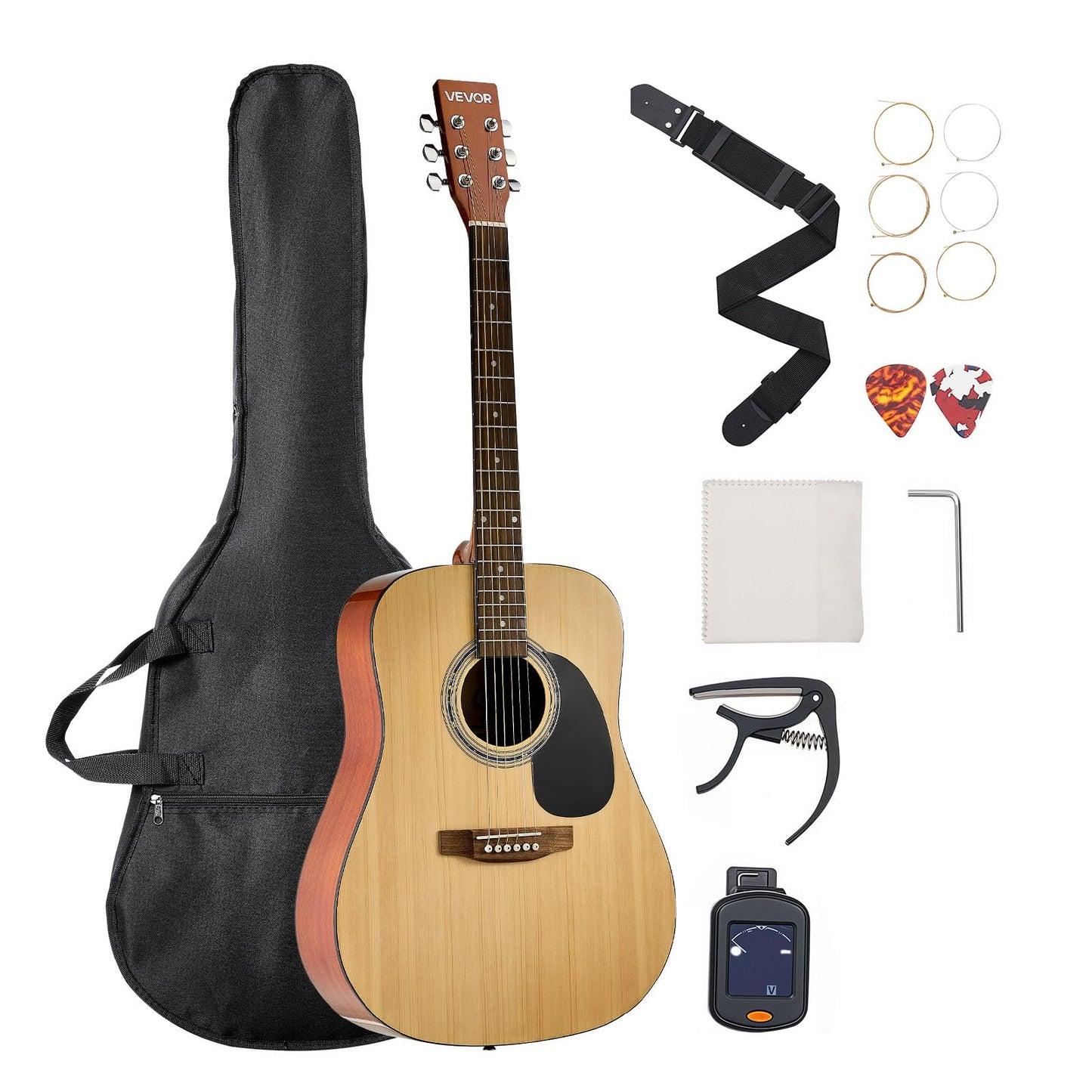 Vevor Dreadnought Acoustic Guitar, 41 In, 6-String Natural Solid Spruce Top Guitar, Beginner Bundle With Gig Bag, Tuner, Strap,