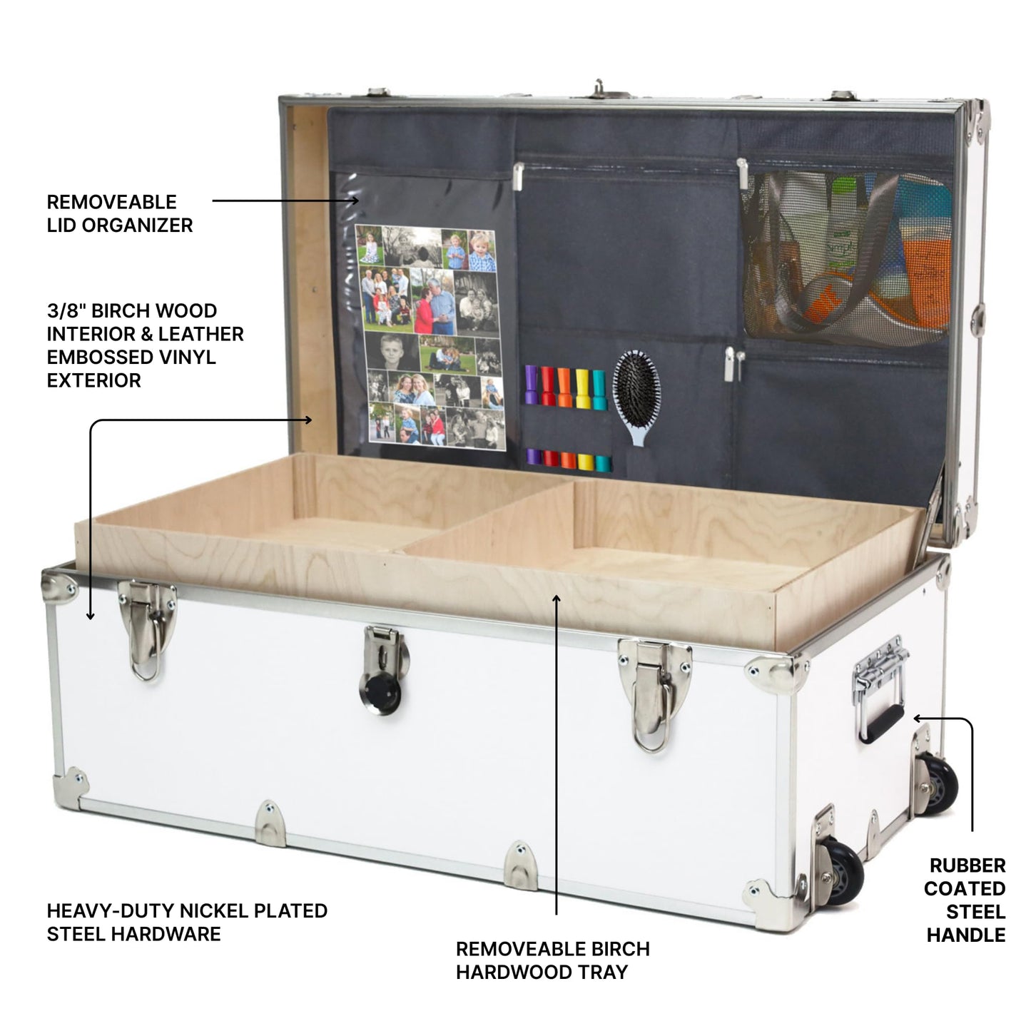 Large Essential Trunk With Wheels, Tray, & Lid Organizer - 32"x18"x14", 1000+ lbs Capacity. Strong, USA Made Summer Camp Footlocker, and Secure College Dorm Storage Chest