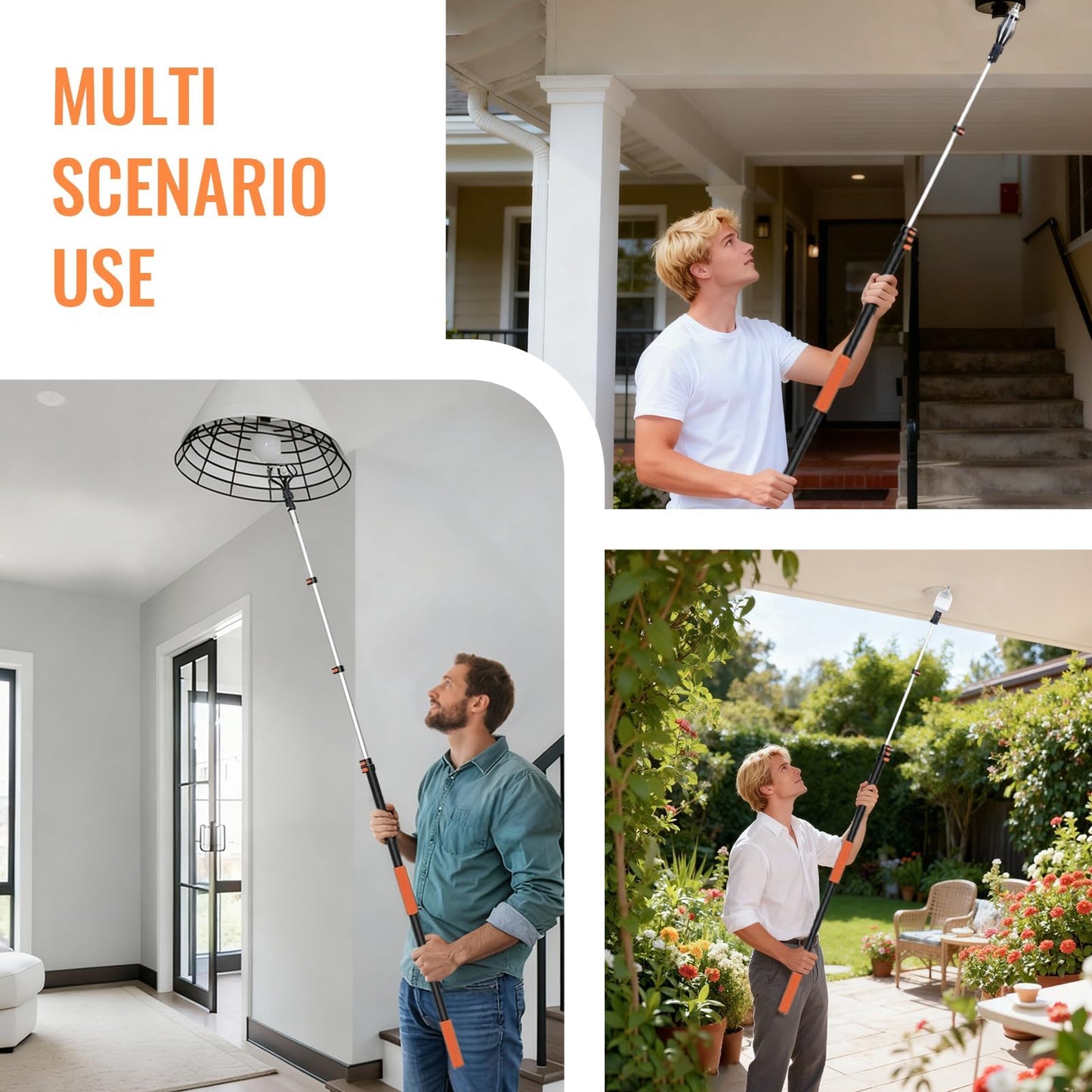PMMJ Light Bulb Changer for High Ceilings with 26FT Reach, Telescopic Extension Pole for High Ceilings and Recessed Lights (5-20FT) with Baskets, Suction Cup and Duster