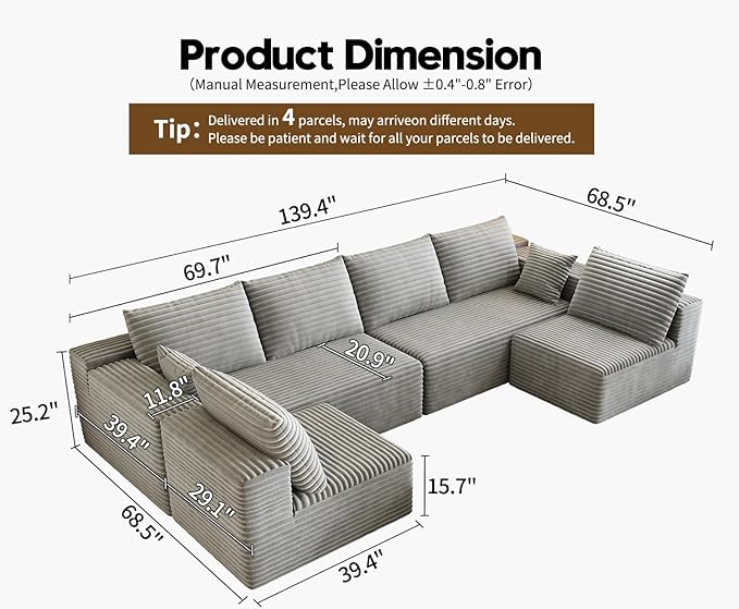 139.4" Modular Sectional Sofa, U-Shaped Minimalist Couches with 2 Middle Seats, Modern Deep Seat Convertible Sleeper Sofa Bed,Cloud Plush Corduroy Fabric, No Assembly Required, 6 Seater, Grey