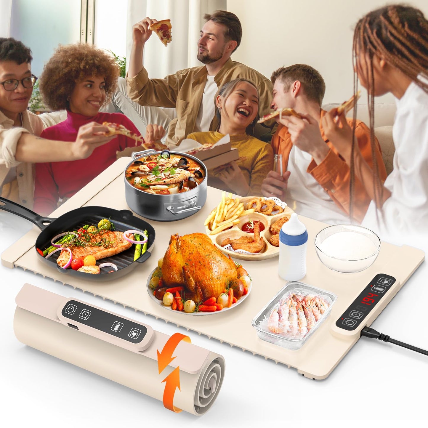 Electric Warming Tray, Food Warming Mat with 5 Adjustable Temperature Control, DRSPEE Foldable Food Warmer for Parties, Precise Heating Time and Child-Lock, Large Hot Plate for Buffet (Beige)
