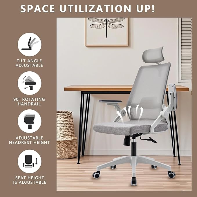 Msdizuo Ergonomic Office Computer Chair for All-Day Comfort, Dynamic Lumbar Support & Adjustable Headrest, 90° Swivel Flip-Up Arms Mesh Desk Chair - White, Tilt Lock, 350lbs