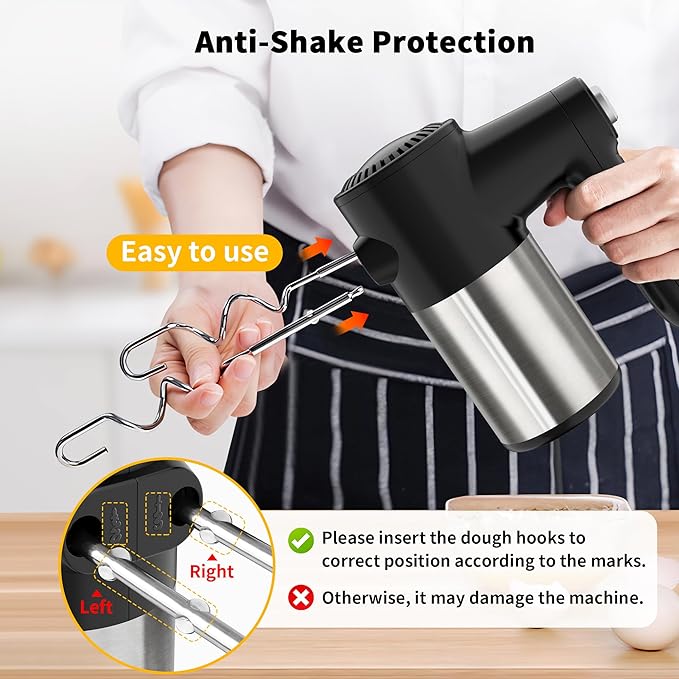 Cordless Hand Mixer, Digital Display 7 Speed Rechargeable Electric Mixer Handheld with 6 Stainless Steel Attachments Whisks Beaters Dough Hooks & Storage Base, Kitchen Blender for Baking, Eggs, Cakes