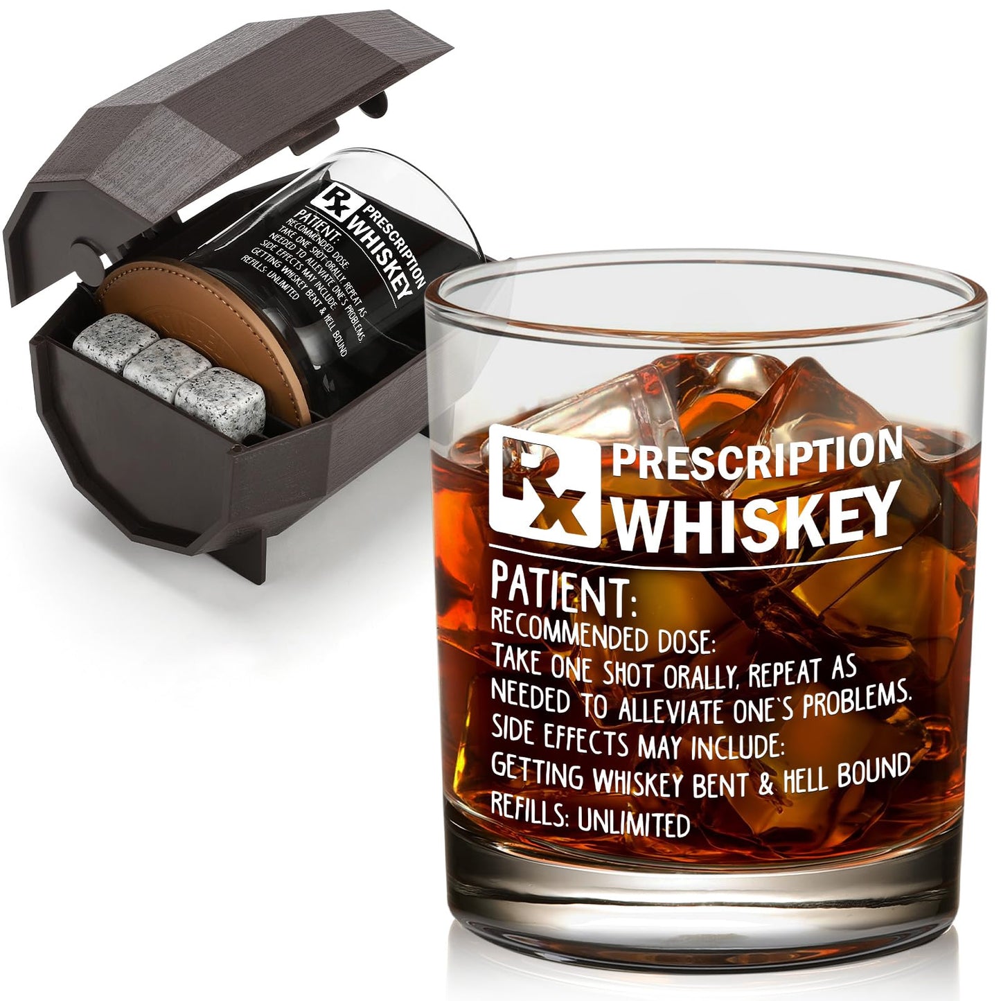 WelDesine Prescription Whiskey Glass, Funny Rocks Glass & Bourbon Barrel Set for Brother Boyfriend Father Husband Coworker on Christmas & Birthday, White Elephant Cool Gag Gifts for Men