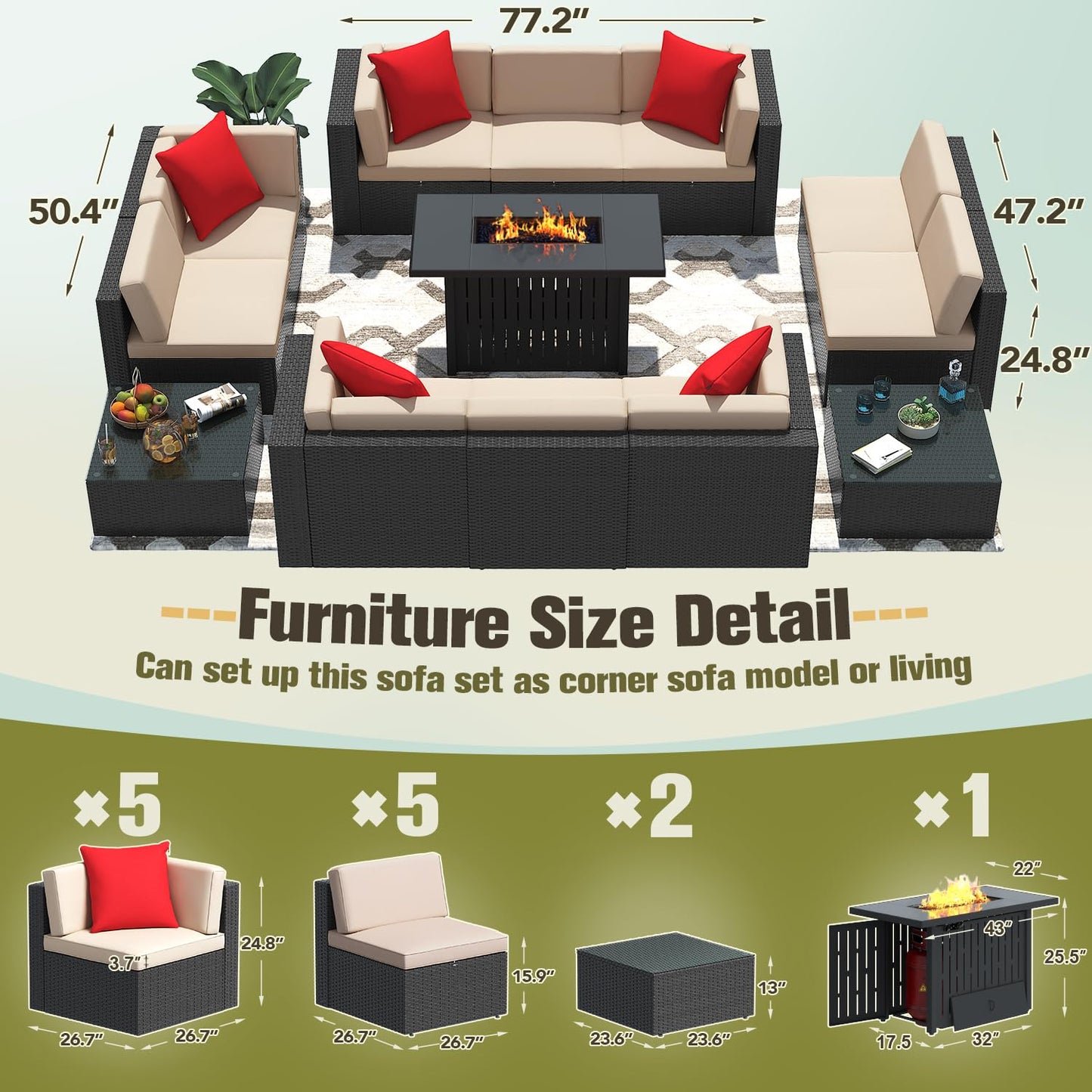 Greesum Patio Furniture 13-Pieces Outdoor PE Rattan Sectional Sofa w/43in Gas Fire Pit Table Sets 55000 BTU Add Warmth to Gatherings Parties On Deck Garden Backyard,Beige