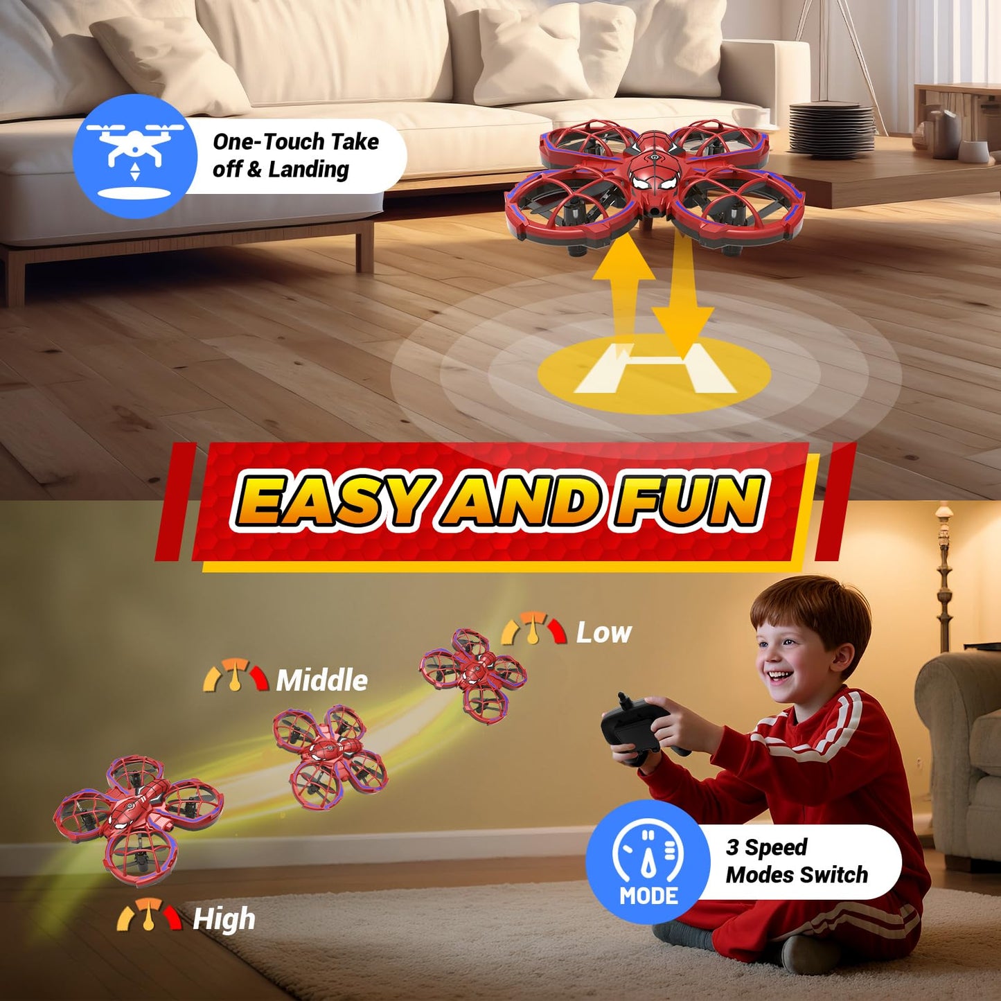 Spider Drone for Kids, Jomzuci RC Mini Drone with 360°Flip, Hover Indoor Drones for Kids 8-12 with 2 Batteries, Headless Mode, 3 Speed Mode, Quadcopter Outdoor Toys Gifts for 8-12 Year Old Boys Girls