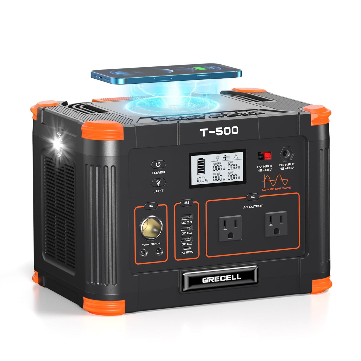Grecell Portable Power Station 500W, 519Wh/140400Mah Solar Generator Backup Lithium Battery Pack Power Supply With 2 Ac Outlets,