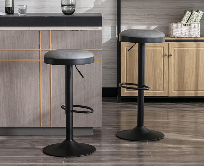 EALSON Modern Swivel Bar Stools Set of 4 Adjustable Counter Height Backless Barstools with Metal Base Leather Upholstered Round Bar Stool Chairs for Kitchen Island/Pub/Breakfast Bar, Grey