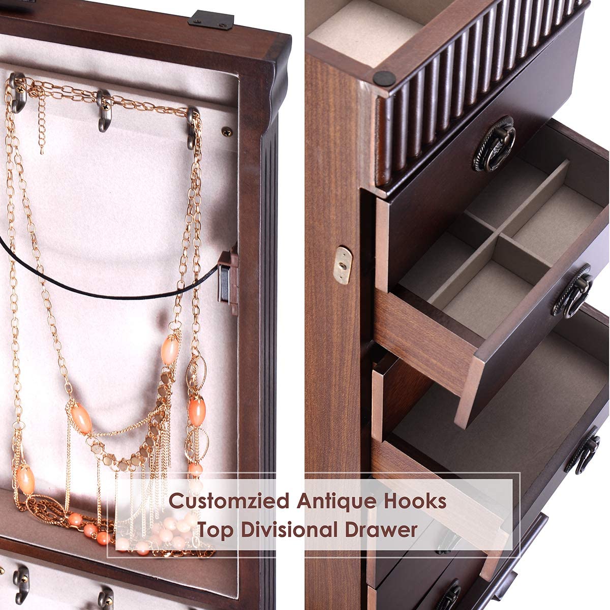 AUGESTER Jewelry Cabinet Armoire Freestanding with Top Mirror, Wooden Jewelry Cabinet w/ 7 Drawers, 2 Swing Doors, 12 Necklace Hooks, Makeup Mirror and Top Divided Storage Organizer, Large Capacity