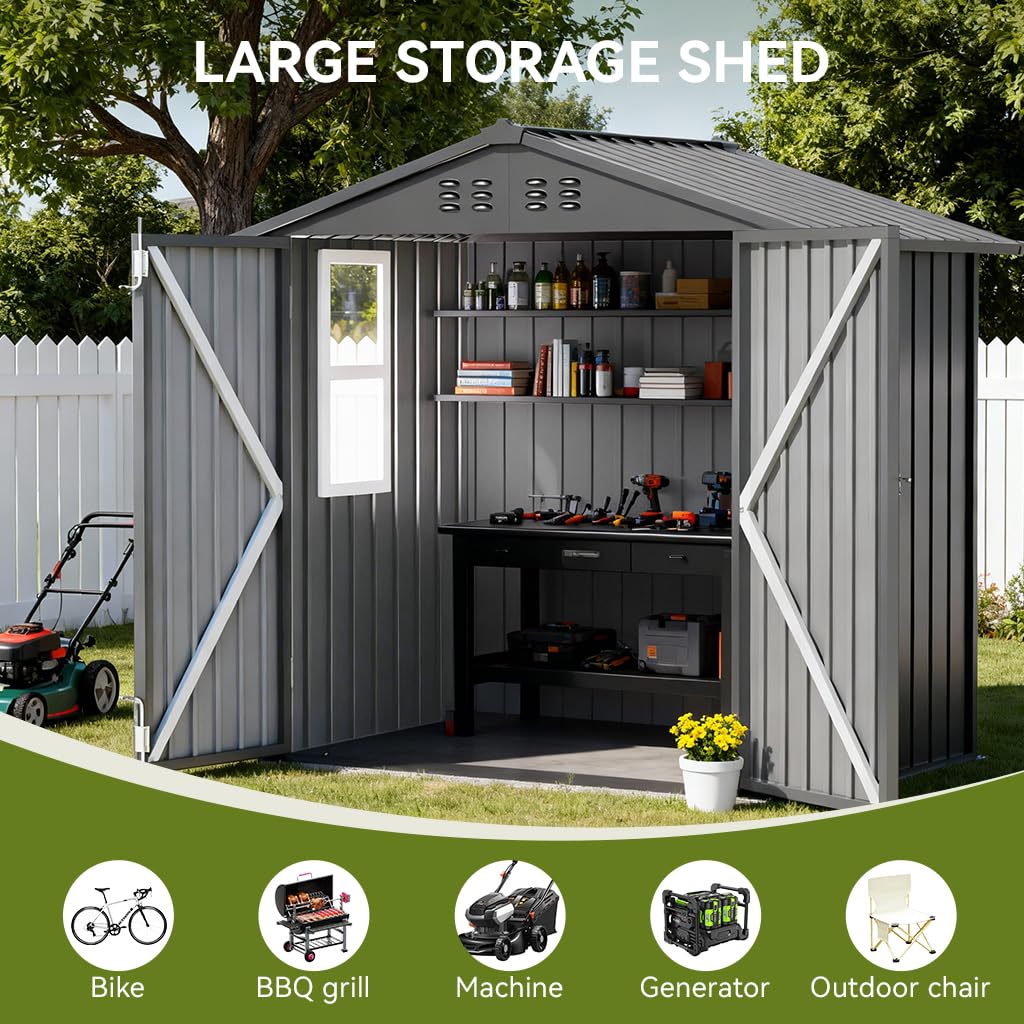 COMHOMA Shed Storage Outdoor Metal Windowed Lockable Garden Toolhouse Weatherproof Ventilated Backyard Utility Workshop(Grey,6'x4')