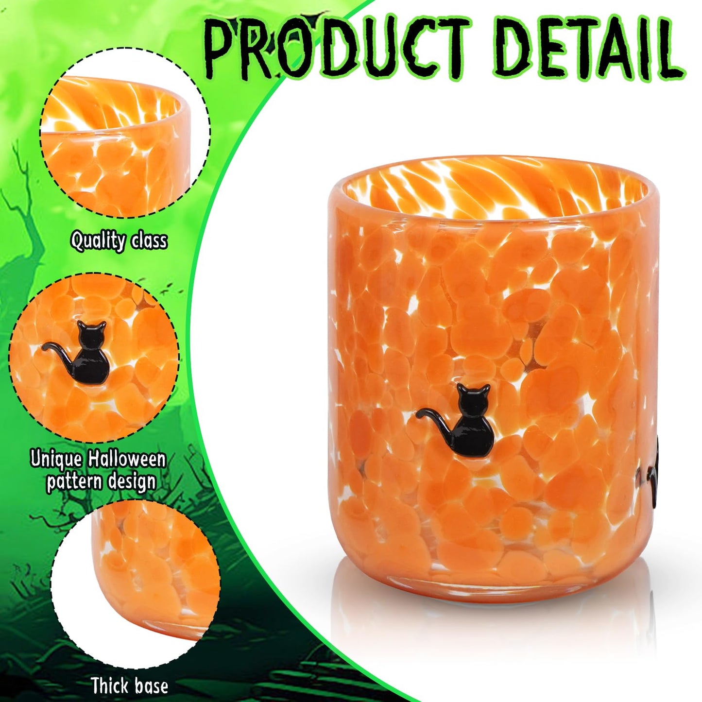 PRERUICHI 2 Pcs Halloween Icon Juice Glasses, 14oz Icon Stemless Drinking Glasses Set, Ideal for Gift & Halloween Party Drinkware (Cat & Moon)