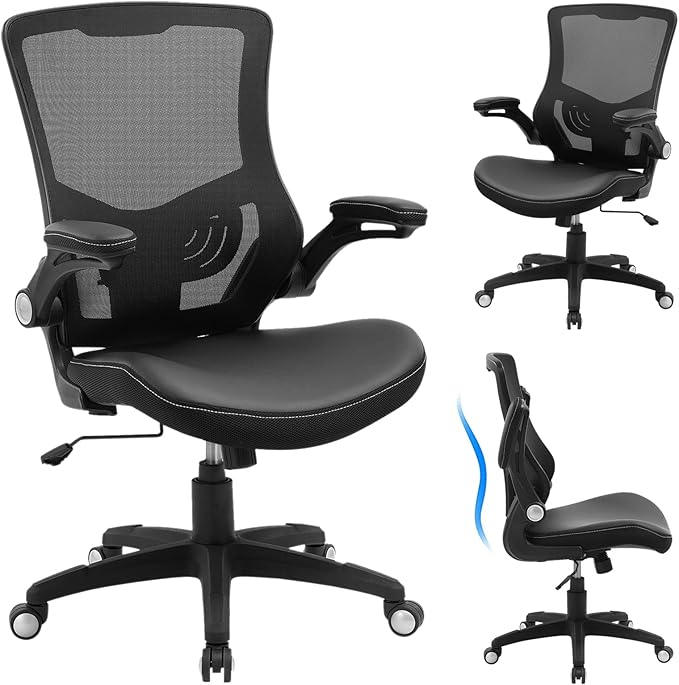 Office Chair Ergonomic Desk Chair, Computer PU Leather Home Office Chair, Swivel Mesh Back Adjustable Lumbar Support Flip-...