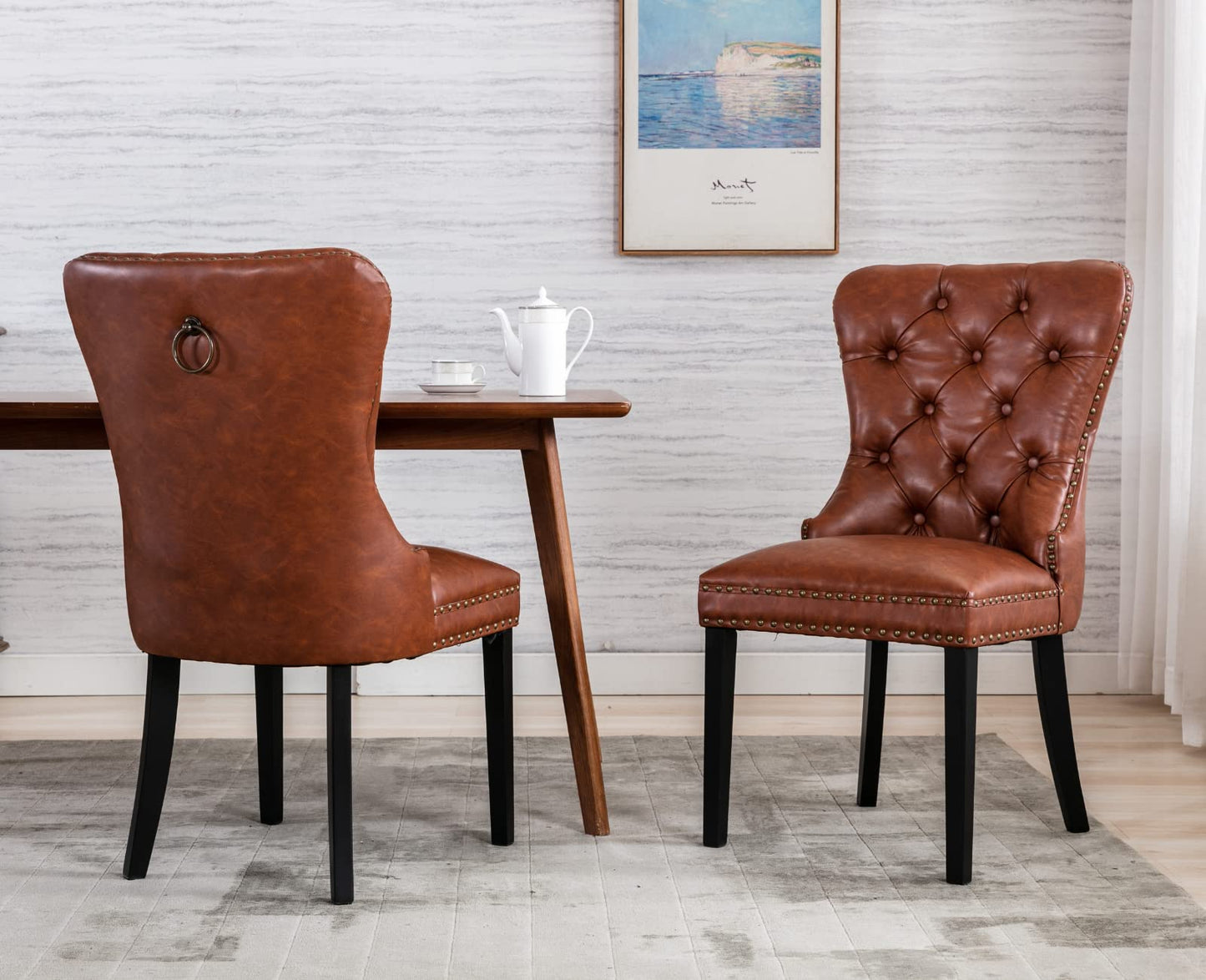 EALSON Modern Dining Chairs Set of 2 Mid Century Leather Dining Room Chairs with Wood Legs Tufted Upholstered Kitchen Side Chairs with Nail Head Trim for Dining Room/Living Room, Brown with Ring