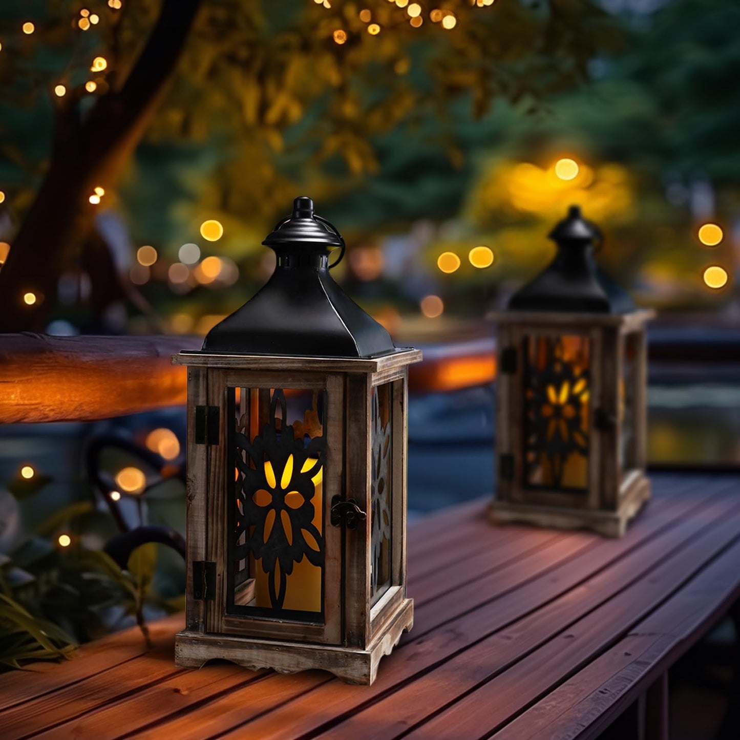 Homemory Rustic Christmas Farmhouse Lantern Decor, Wood & Metal 16'' Candle Lantern Hanging Candle Holders for Outdoor Indoor Home Living Room Patio Porch Table (Wood)