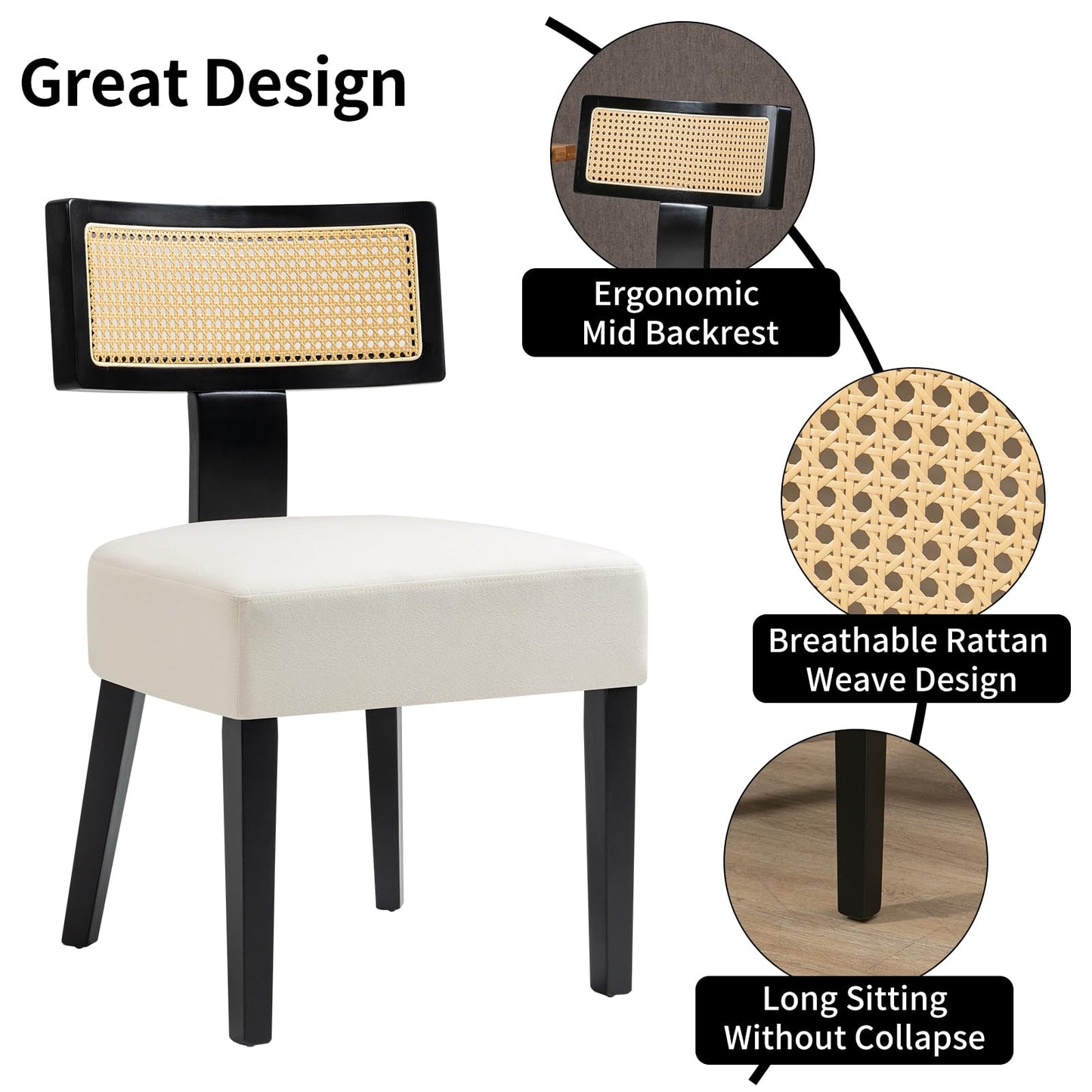 ZJhome Rattan Dining Chairs Set of 4, Mid-Century Modern Fabric Upholstered Dining Room Chairs with Black Hardwood Frame, Curved Backrest Kitchen Chair Armless Accent Chairs for Dining Room (Cream)