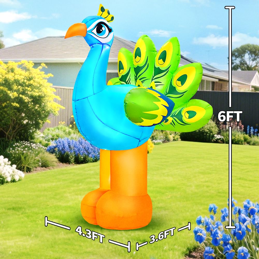 KOOY 6FT Peacock Decor Inflatable, Built in LED Lights Blow Up Animal Decorations for Garden, Peacock Garden Decor for Summer Beach Party Tropical Lawn Yard