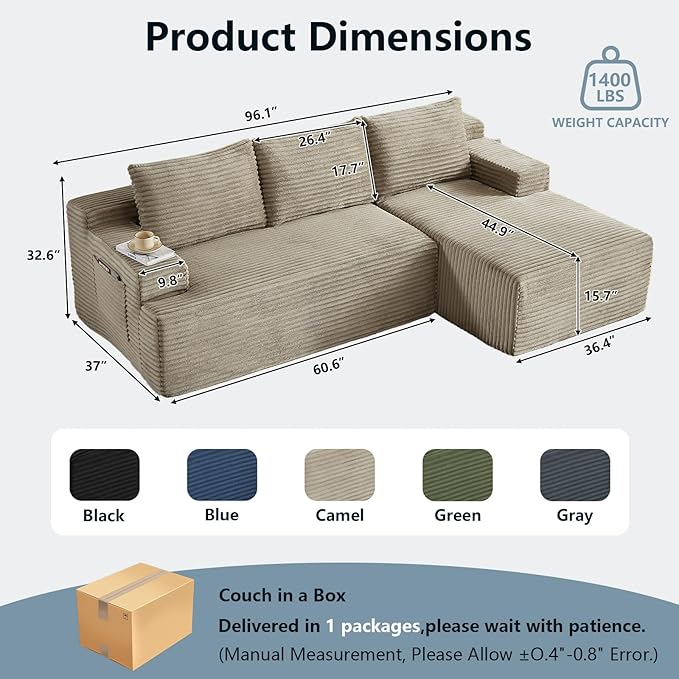 96" Cloud Sectional Couch with L-Shape Chaise, Modern Corduroy Boneless Couch for Living Room,Memory Foam Sofa with Deep Seat,No Assembly Required (Camel,Right-Facing Chaise)