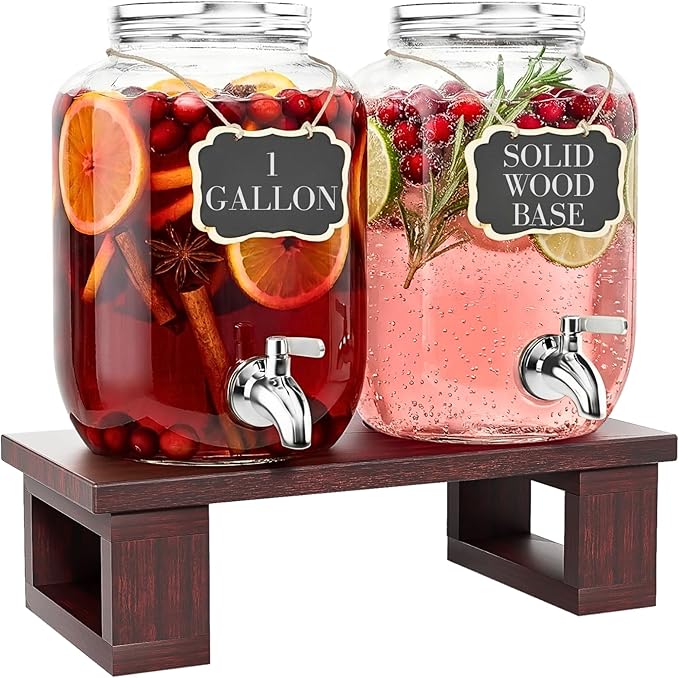 2Pack Large Drink Dispensers for Parties, Glass Beverage Dispenser with Solid Wood Stand, 1 Gallon Water Drink Dispenser w...
