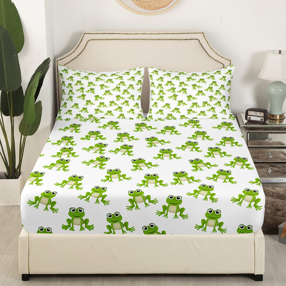 Feelyou Kids Frog Sheet Set Cute Green Frogs Bed Sheets for Boys Girls Children Wild Animal Decor Bed Sheet Set Kawaii Pattern Bedding Set Bedroom Bed Set with Deep Pocket Fitted Sheet 3Pcs Twin Size