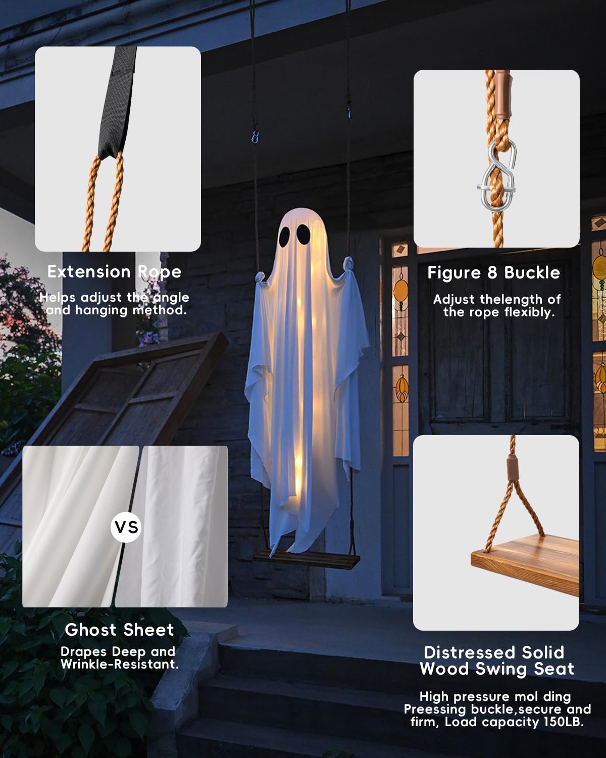Halloween Decorations Outdoor - 5 FT Large Hanging Swing Ghost Halloween Decor with String Lights - Spooky Cute Ghosts Decorations for Front Porch Yard Tree