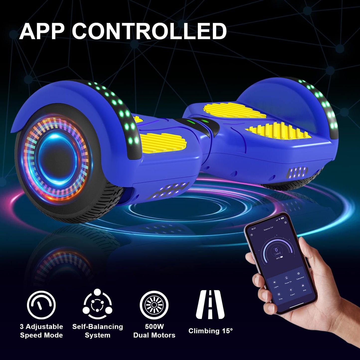Commugo Kids Scooter with Bluetooth Speaker & Corlorful LED Lights, Dual 250W Motor 7.5 Mph Speed, Gifts for All Ages