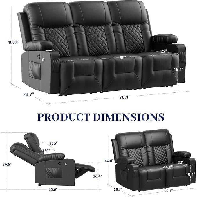 FURNIMAT Oversized Recliner Sofa Set with 3+2+1 Pieces in Living Room, 3 Seats Dual Reclining Sofa Couch with USB Ports, 1 Recliner Chair with Vibration Massage and Heat Single Sofa Seat, Bedroom, RV
