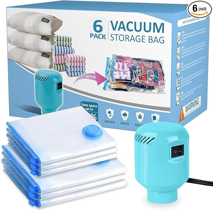 Morecoo Vacuum Seal Bags for Clothing, 6 Pack Vacuum Storage Bags (3 Jumbo/3 Large) with Electric Pump, Packing Cubes Compression Space Saver for Comforters, Blankets - Ideal for Travel